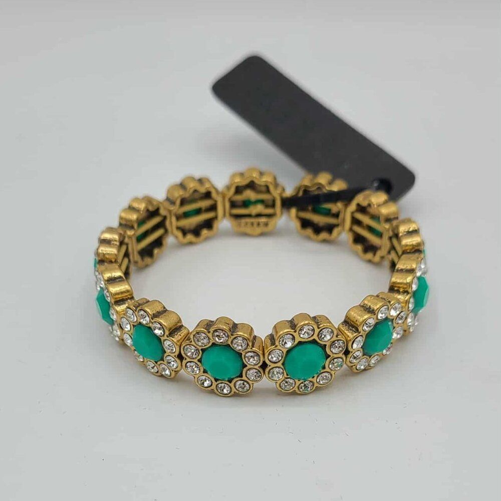 J Crew Green Stone Clear Crystal Stretchy Bracelet NWT! NEW!